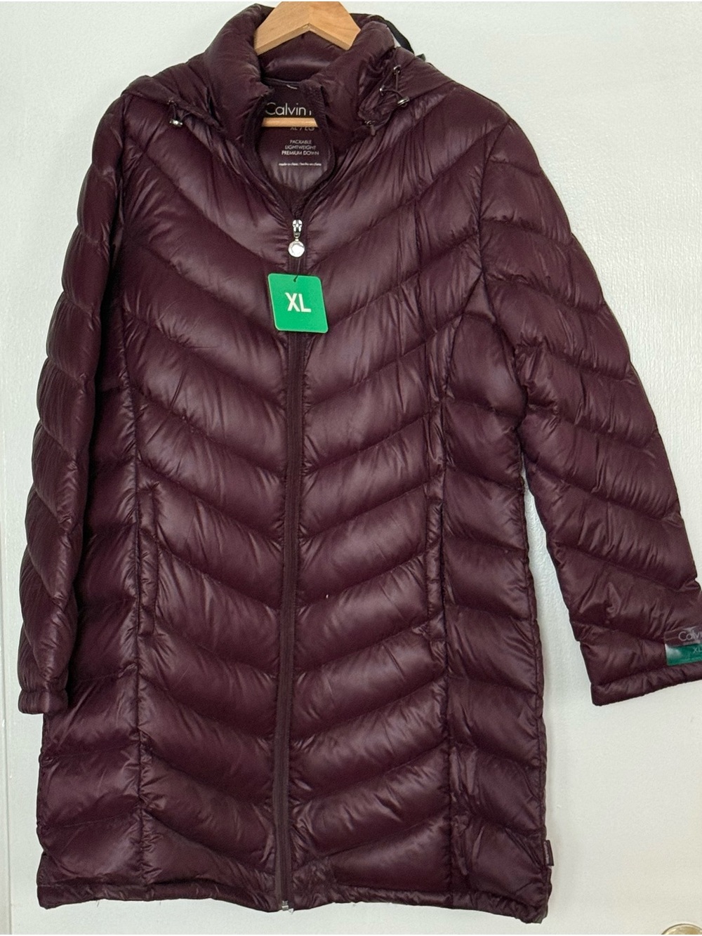 Calvin Klein Long Quilted Puffer Coat in Deep Burgundy